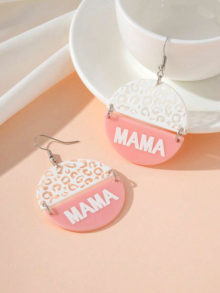 1 par de pendientes colgantes redondos de resina con estampado de letras en estilo vintage, diseño de mamá