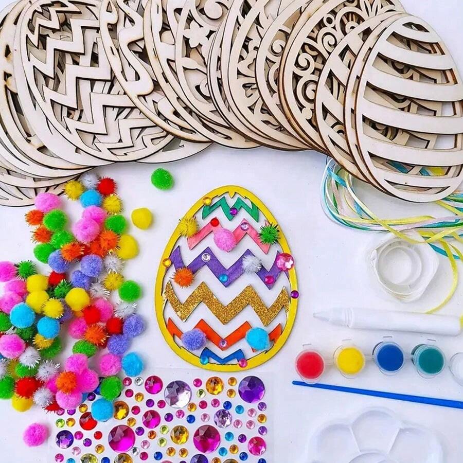 24-delige Paashouten DIY Hangende Eieren Decoratie Kit - Verf Je Eigen Eieren Decoraties, Willekeurige Kleuren Inbegrepen, Onafgewerkte Houten Eieren Met Bloemen- & Zigzagpatronen, Glitters, Linten En Touwtjes, Handgemaakte Ambachten - Natuurlijk Hout, Schilder Cadeau