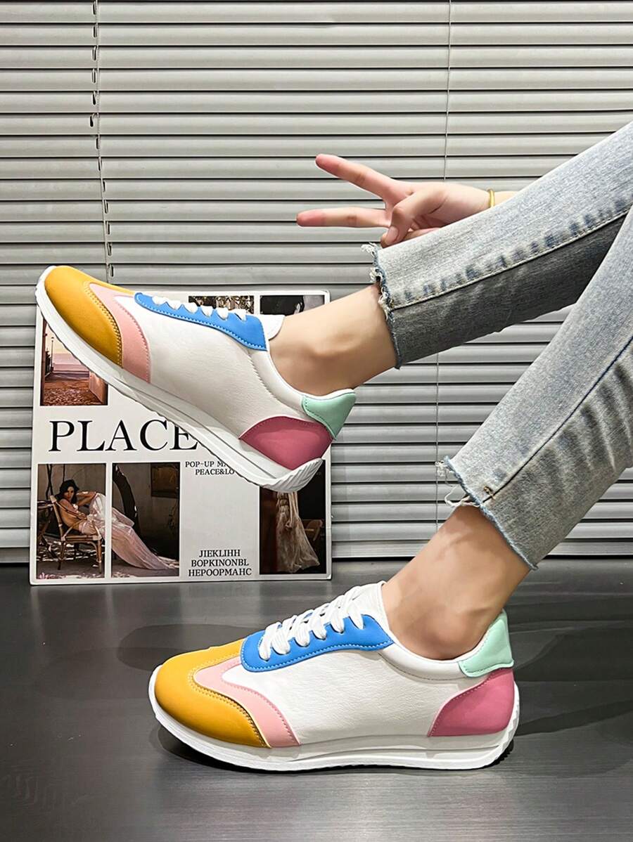 Women's Contrast Lace-Up Casual Sneakers, Lightweight And Comfortable Outdoor Flat Shoes, Low-Top Breathable Fitness And Sports Casual Shoes