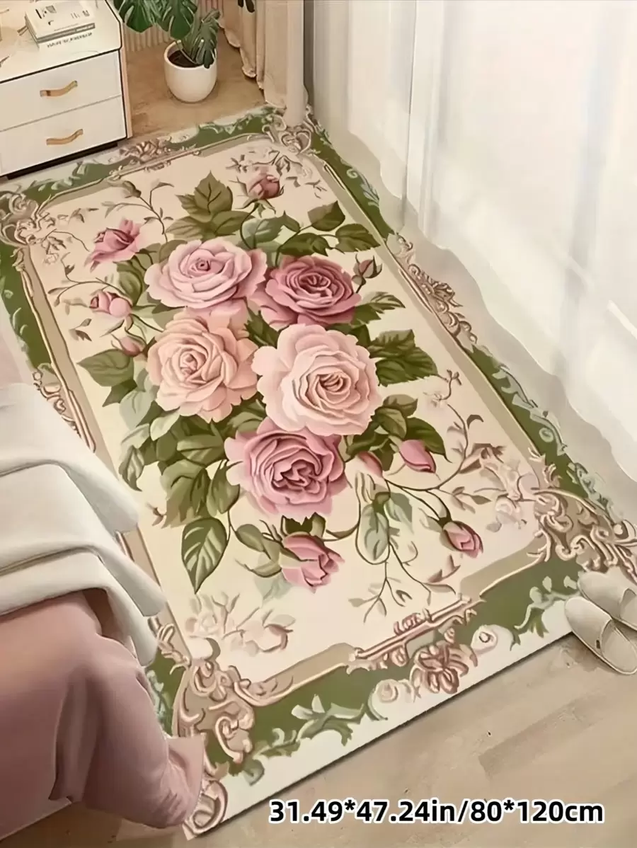 1pc Luxurious Bohemian Vintage Floral Pink Area Mat,Non-Slip & Machine Washable, Perfect For Living Room, Bedroom, Hallway - Elegant Court Design With Vibrant Flowers And Baroque Motifs, Indoor Mat|Floral Pattern Mat|Nonslip Backing, Rugs For Living Room