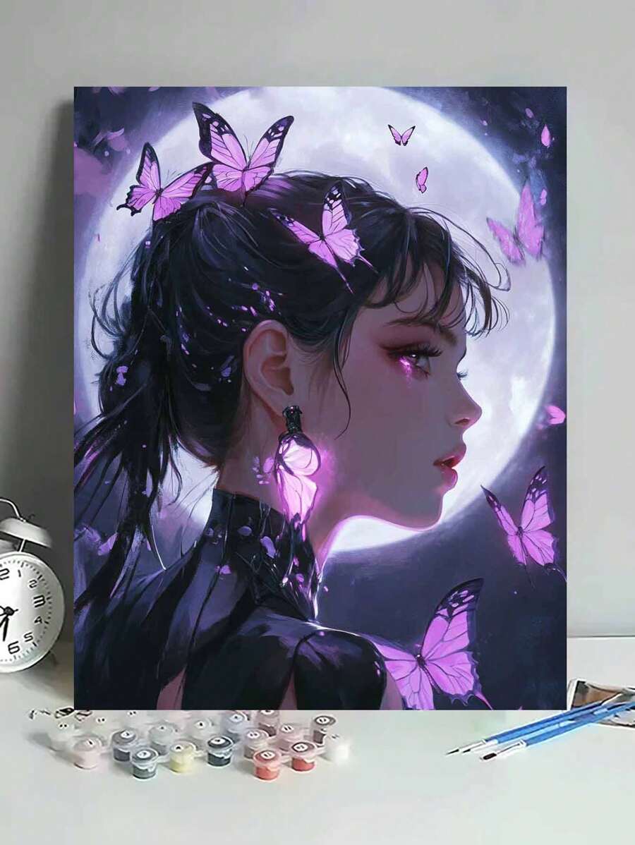 Pintura personalizada de la niña mariposa bajo la luz de la luna, pintura de números al óleo sin marco, regalo de cumpleaños, desarrollo de inteligencia, festival, sin fondo de dibujo requerido, se puede usar como arte de pared, fácil de completar una hermosa obra de arte