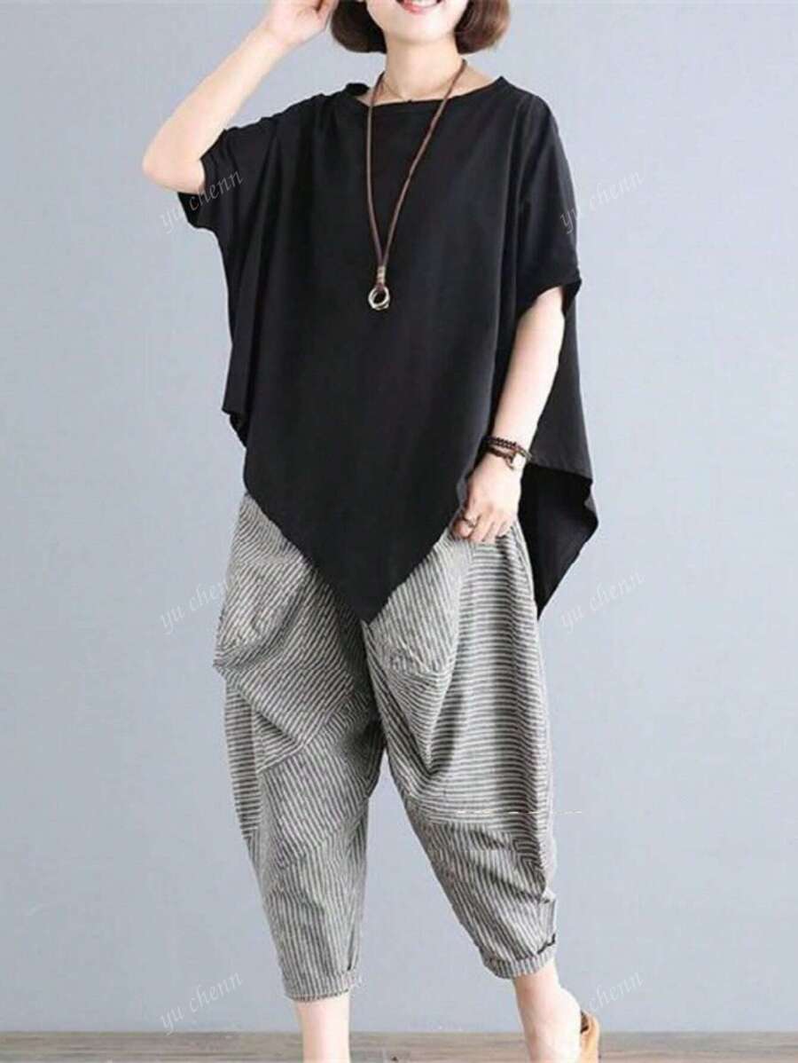 Asymmetric Hem Round Neck T-Shirt - Comfortable Short Sleeve T-Shirt Suitable For Spring And Summer, Loose Fit, Soft Fabric, Breathable, Lightweight, Casual Wear For Women In Warm Weather