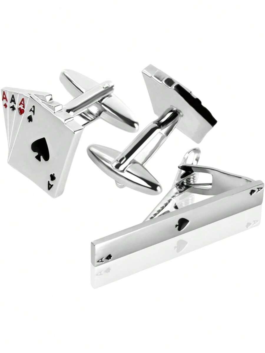 Creatieve speelkaarten Franse manchetknopen & stropdas clip set voor mannen, luxe accessoire cadeau voor Vaderdag & Valentijnsdag, moeder, moederdag, cadeau