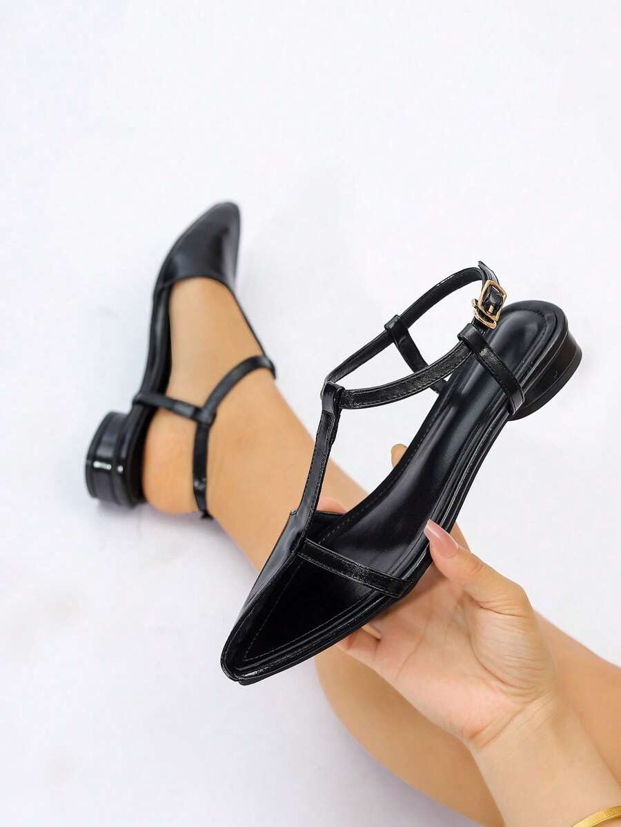 Sandalias negras de tacón bajo con punta cerrada y correa de tobillo, cómodas y transpirables para mujer de talla grande