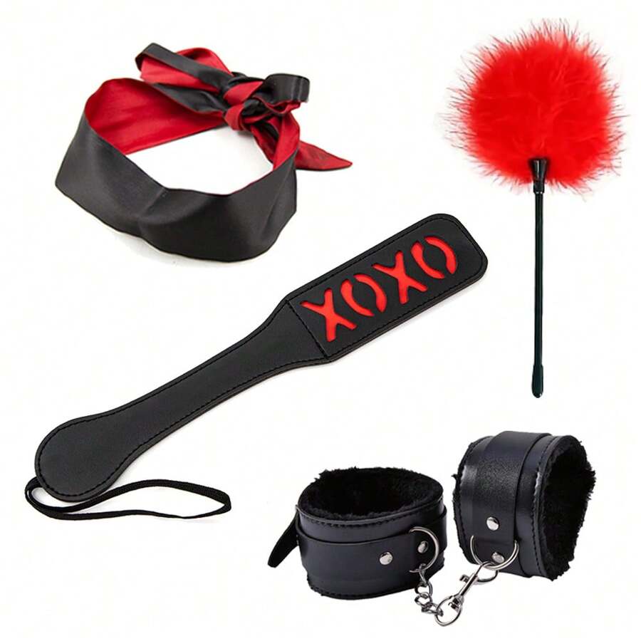 SM Product :Red - Black 4 - Piece Erotic Set: Long Paddle, Feather, Handcuffs, Blindfold. It Meets The Needs Of The SM Community, Couples And Lovers, And Is Easy To Use.