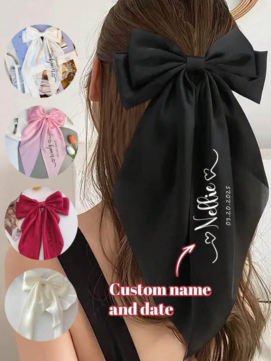 Gepersonaliseerde haarspeld met strik en naam, gepersonaliseerde satijnen haarspeld met lange staart, haarelastiekjes met lange staart, stijlvolle haarstylingaccessoires voor dames, vintage grote satijnen hoofdtooi in Franse stijl uit de jaren 90, gepersonaliseerde haarstrikken met veerclip, ideale cadeaus voor haar vriendin, duurzaam, gegraveerd, roestvrij, kleurrijk, schattig, schattig, grappig, kawaii, Y2K, stijlvol, unisex, casual, op maat gemaakt, gepersonaliseerd, uniek, aangepast, ideale cadeaus voor hem, ideale cadeaus voor haar, haar, vriend, vriendin, familie, vrienden