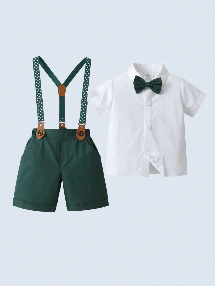 Junger Jungen Gentleman 2 Stück/set Kurzarmhemd Mit Umgedrehtem Kragen, Fliege Und Hosenträger Shorts, Perfekt Für Geburtstagsparty, Hochzeit, Show, Bankett, Usw.
