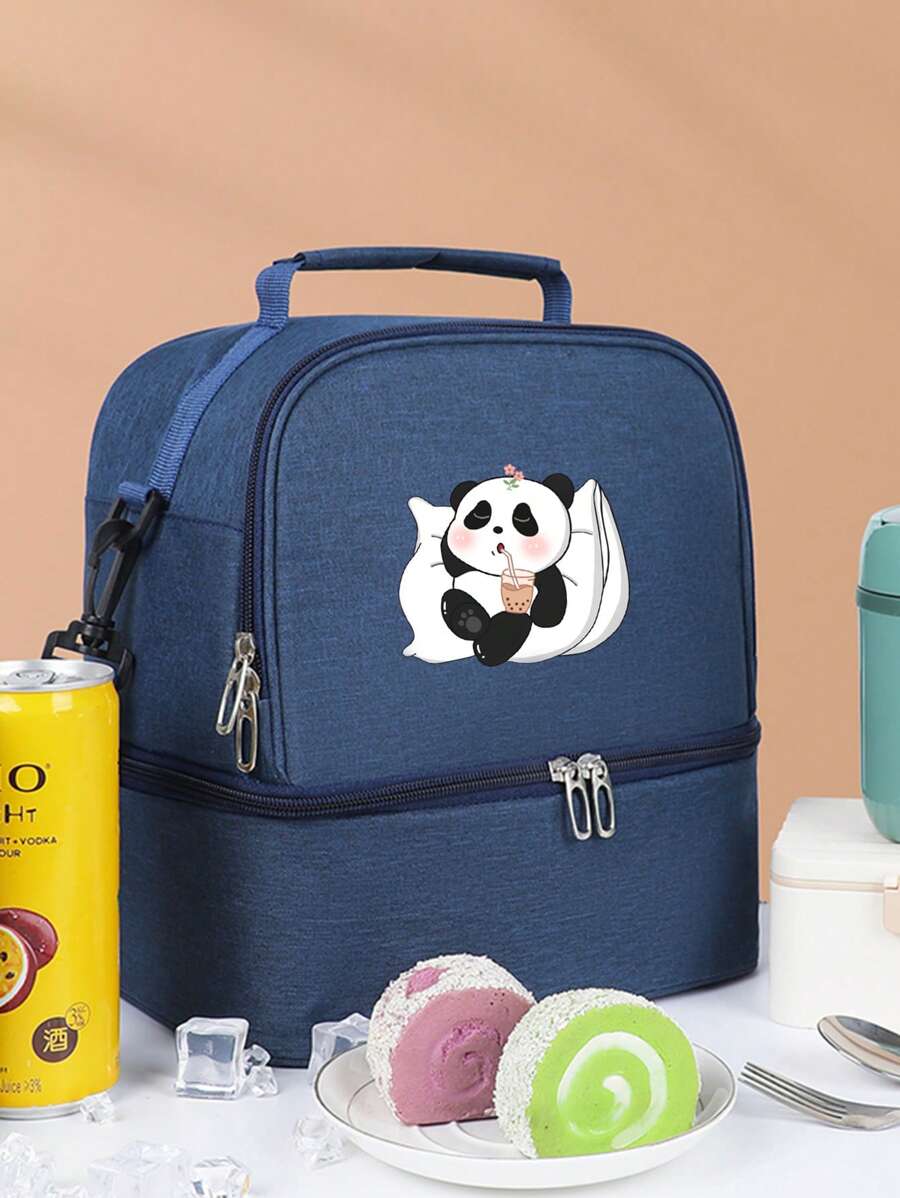Panda Print Thermal Insulated Tote Bag, Large Capacity Outdoor Picnic Lunch Box Bag, Waterproof & Anti-Stain Fabric, Shoulder Strap, Suitable For Girl And Students