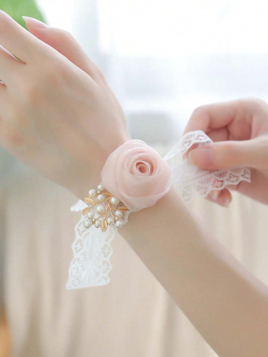 1pc Pink Rose Corsage With Metal Alloy High-End Wrist Flower Suitable For Wedding Decoration, Formal Party, Prom Event
