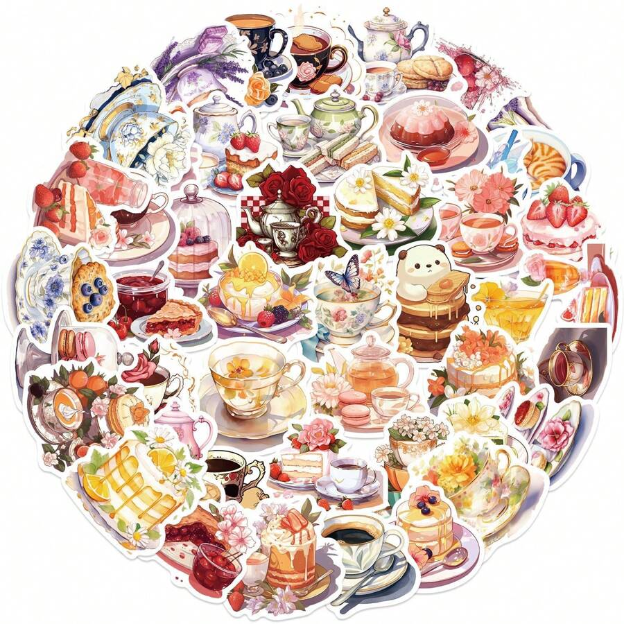 50 Piezas Paquete de pegatinas de estilo Ins de dibujos animados para el té de la tarde | Pegatinas estéticas de vinilo para scrapbooking, diario, parachoques, monopatín, botellas de agua, dibujos animados, casco, coche