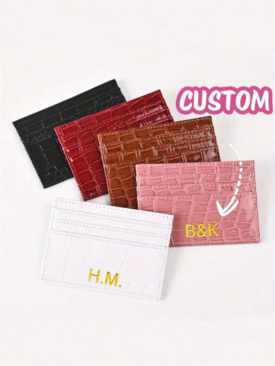 1 pieza Tarjetero de piel de imitación de cocodrilo delgado personalizado para hombre, cartera de bolsillo ultradelgada de piel de imitación de cocodrilo con iniciales personalizadas, regalo DIY