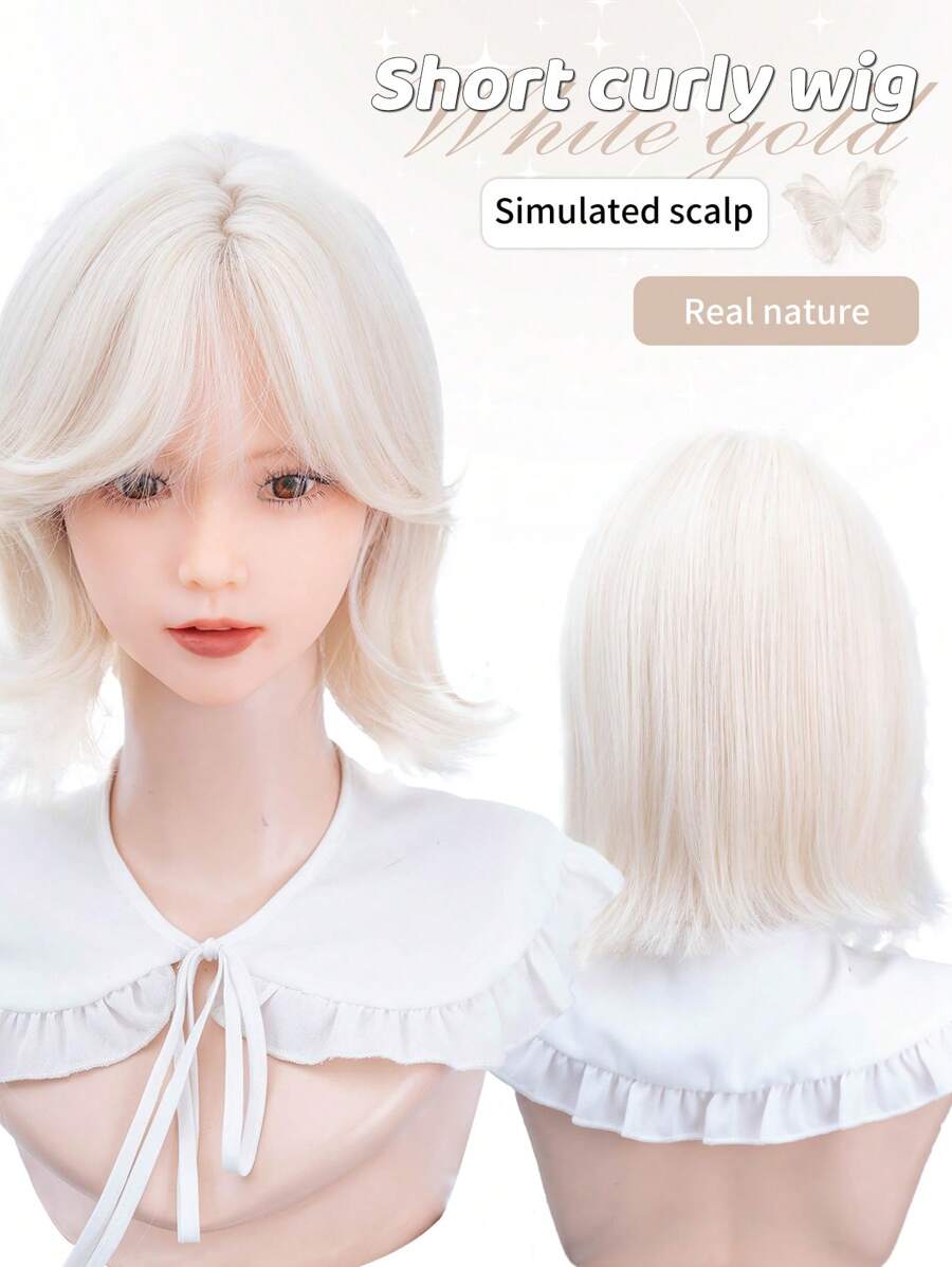 1 Piece Synthetic Heat-Resistant,Short Straight Wig Hair Ends Slightly Warped With Bangs In White Gold Wigs With Bangs, 12 Inches Long, Made From Fiber, Stylish Wigs, Natural And Realistic Wig(Excluding Accessories)
