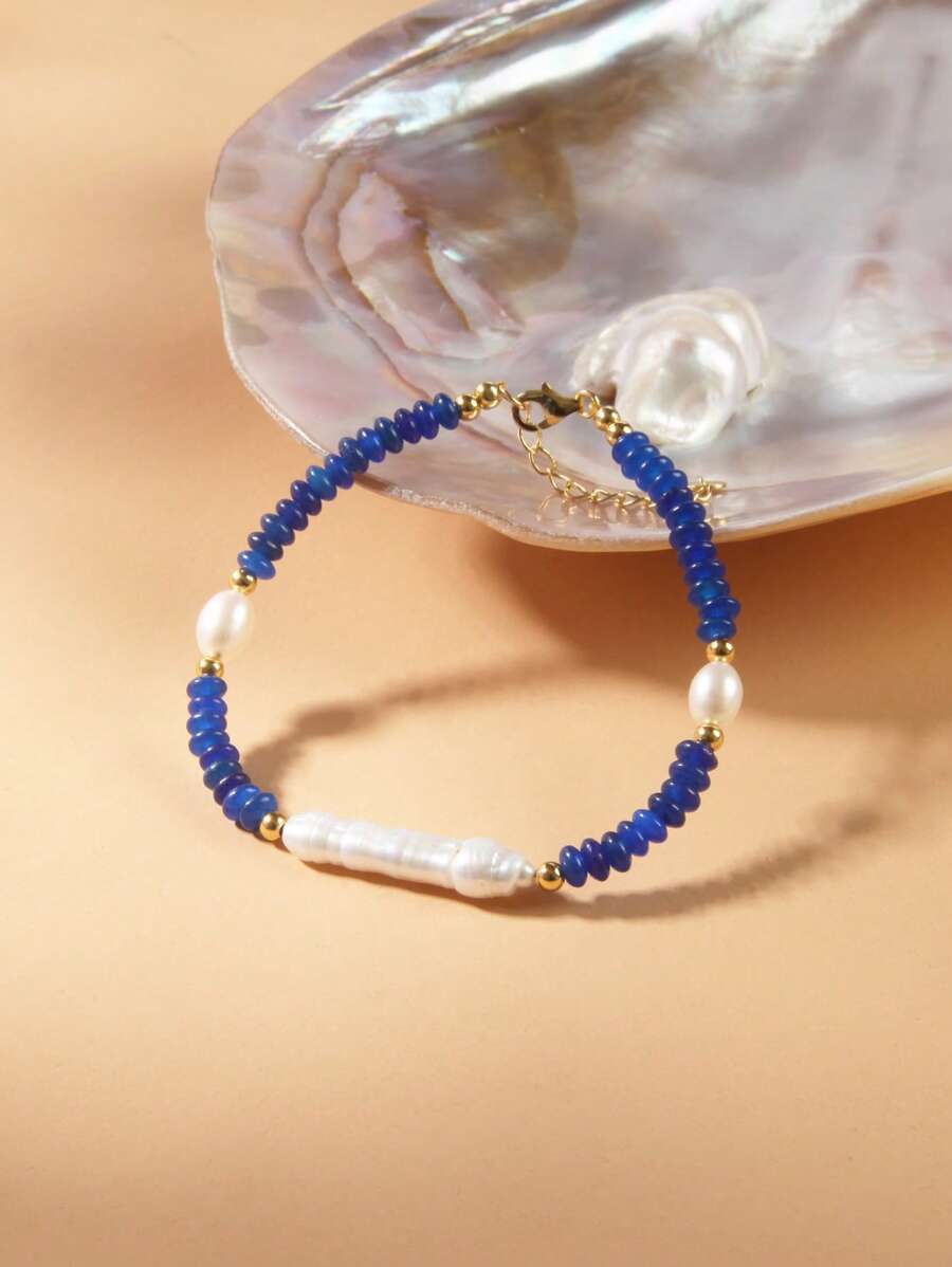 1pc 925 Sterling Silver Natural Pearl & Natural Jade Bracelet For Women, Suitable For Birthday Gifts And Daily Wear