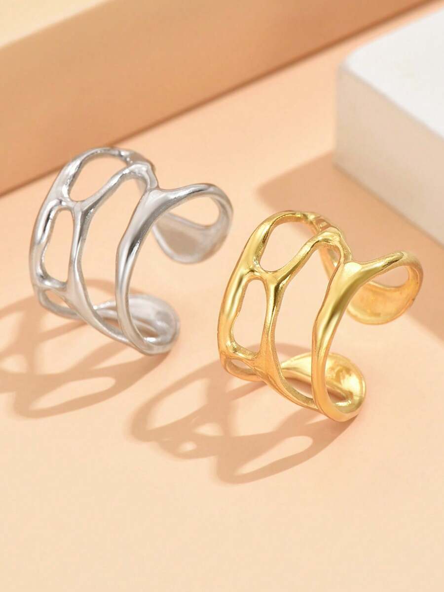 1pc Fashion Asymmetrical Hollow Liquidic Opening Stainless Steel Adjustable Ring, 18K Gold Vacuum Plated, Non-Fading Jewelry For Women, Party Wear