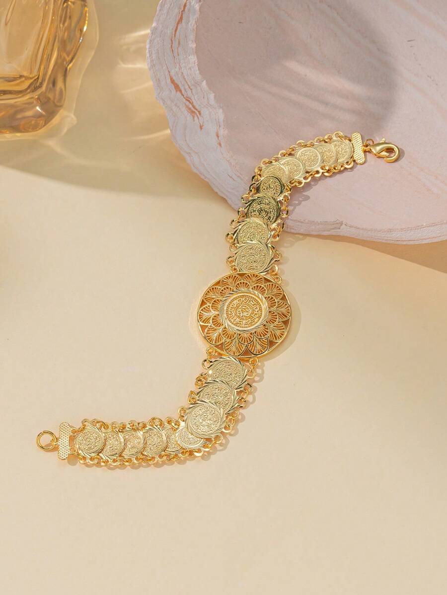 Herseygold 1pc Gold-Plated Copper Arabic Flower Coin Bracelet, Lucky Women's Bangle, Wedding Festival Gift For Ladies