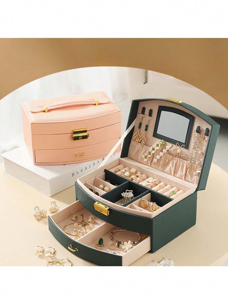 1pc Elegant Fan-Shaped 2-Layer Faux Leather Jewelry Box With Lock, Makeup Mirror, Large Capacity Dual-Option Necklace, Earring, Ring Storage, Soft Drawer, Ideal Gift For Women And Girls