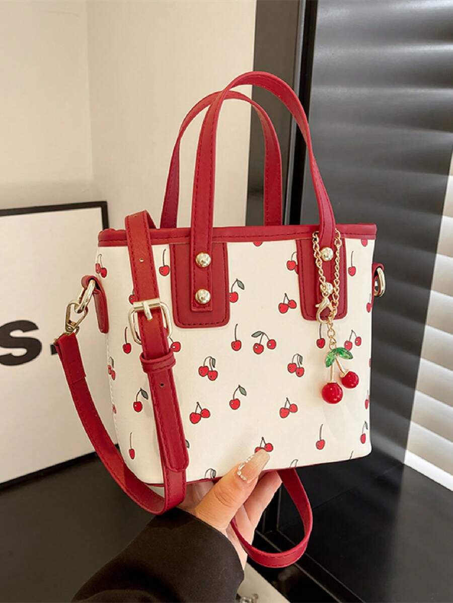 Bolso de mano elegante y lindo con estampado de cereza y dije de cereza, bolso de hombro/bandolera de moda casual adecuado para el uso diario