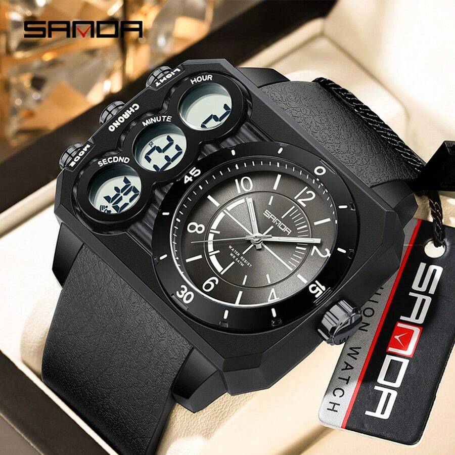 SANDA. SANDA Square Dial Digital Watch For Men Military Army Countdown Sport Quartz Wristwatch Man Large Dial Silicone Multifunctional Chronograph Waterproof Male LED Clock