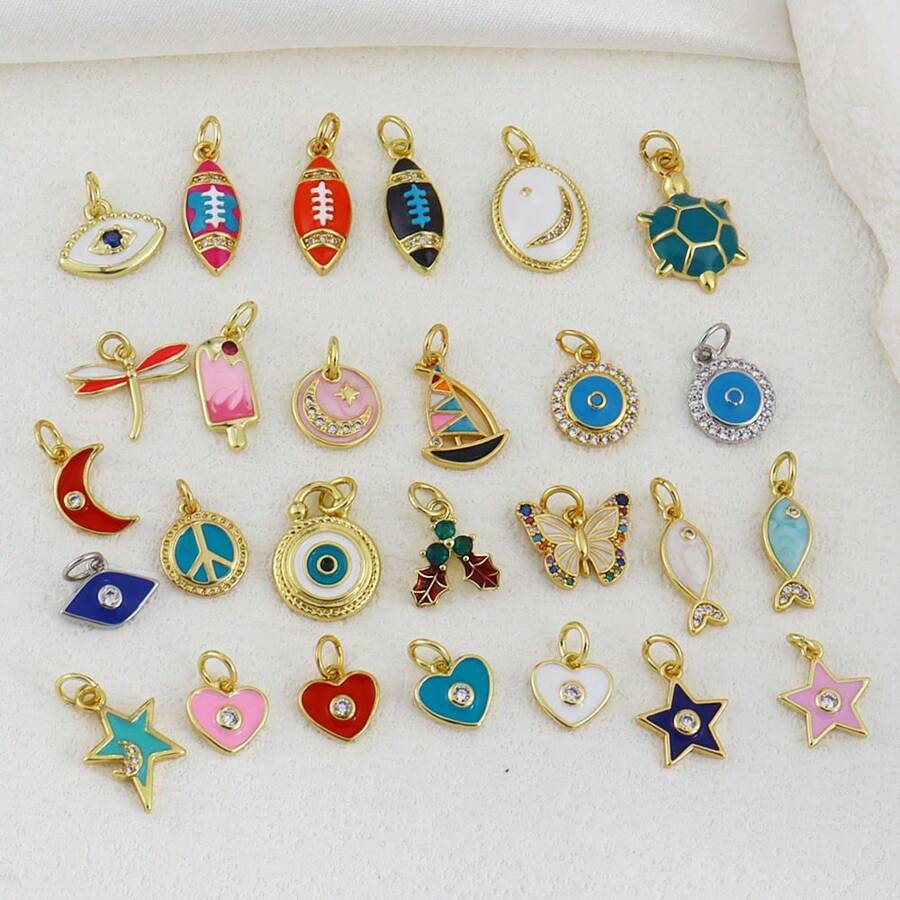 1pc Copper Micro-Inlaid Zirconia Simple Fashionable Mini Colorful Drop Oil Heart Palm Dragonfly Pendant, Versatile Jewelry Accessory For DIY Bracelet Necklace Earrings