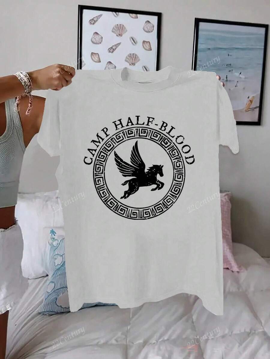 Camiseta de manga corta roja cómoda con grafismo de mitología griega, estampado de campamento de herencia mixta y letras por transferencia térmica para mujer, primavera/verano