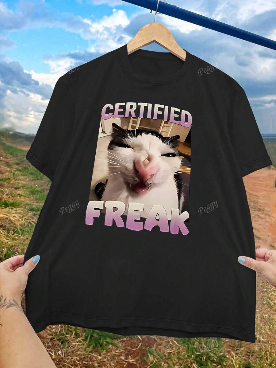 Women's Casual Loose Fit Round Neck Short Sleeve T-Shirt With Funny Cat Expression & Letter Print, Fashion