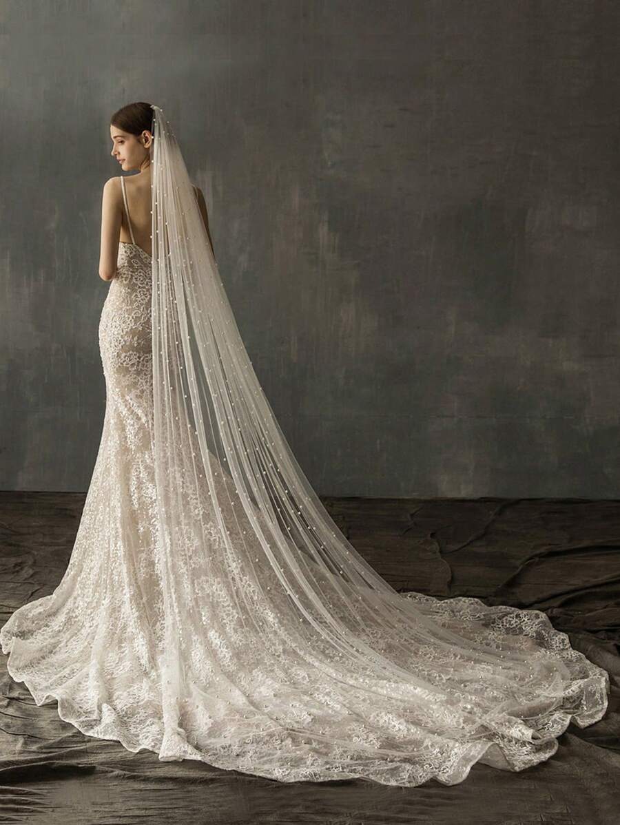 1 Pc Pearl Cathedral Length 3M(118inch) Wedding Bridal Veil With Metal Comb For Bride Party Prom White Ivory