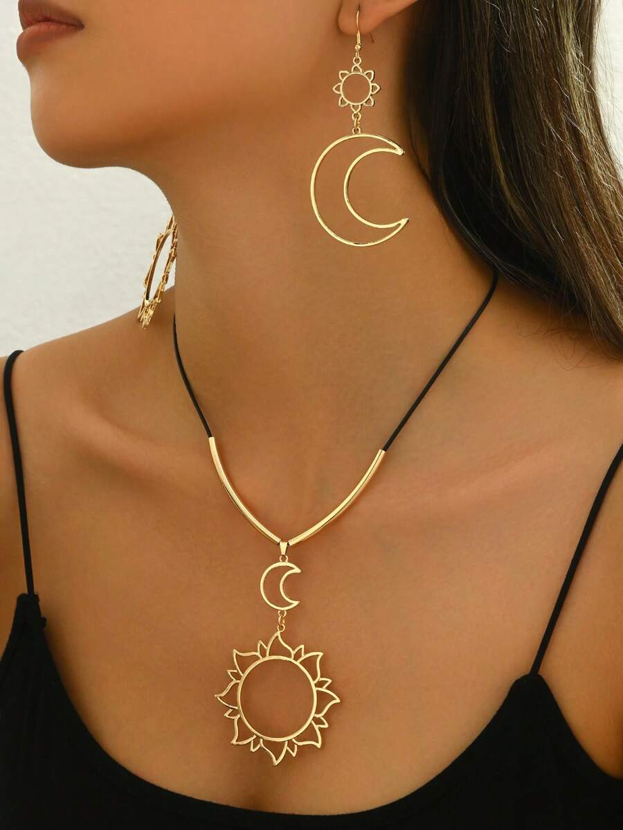 3 pièces/set Bijoux vintage de style moyen-oriental comprenant un soleil, un croissant de lune et une boucle d'oreilles et collier à motif de lune pour femmes