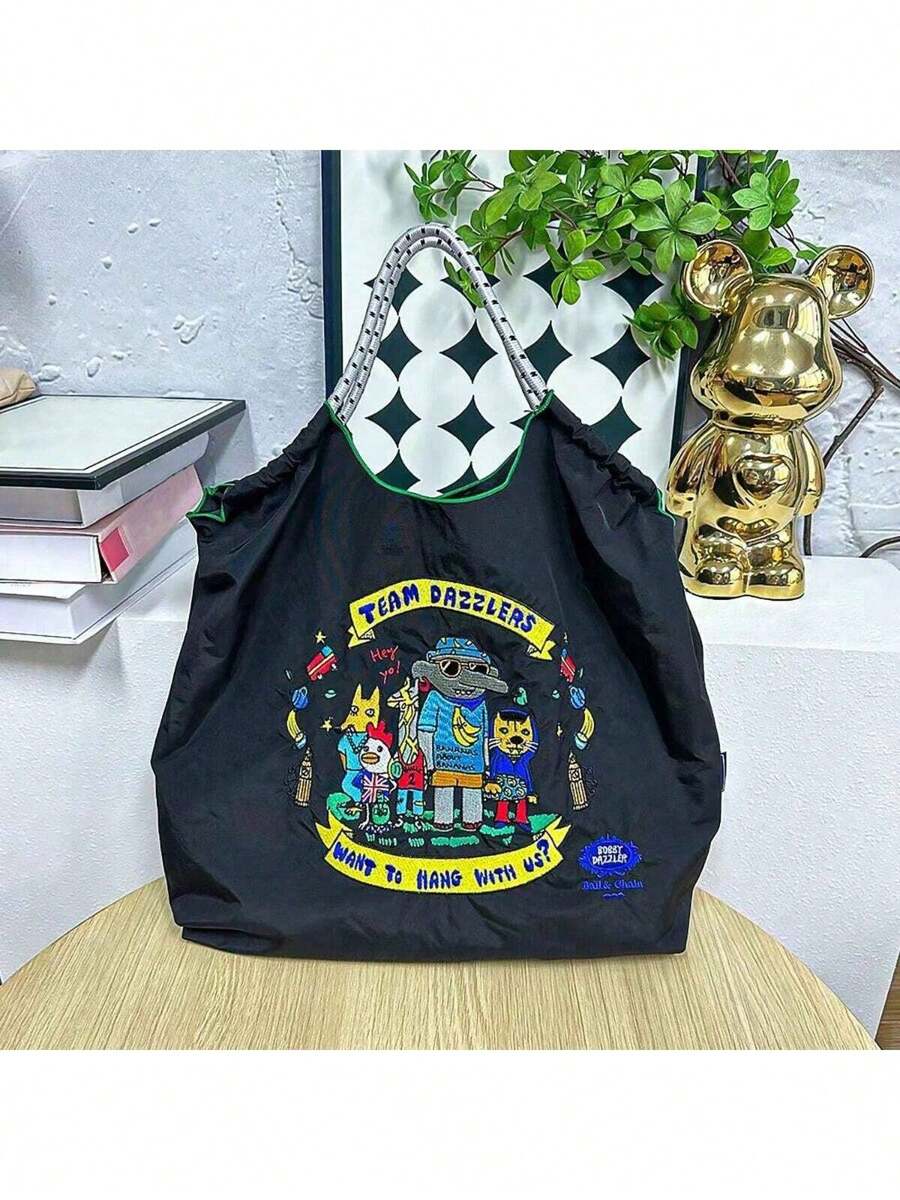 1pc New Fashion Embroidered Animal Pattern Collapsible Tote Bag, Large Capacity For Commuting, Party, Travel, Shopping And Beach Use