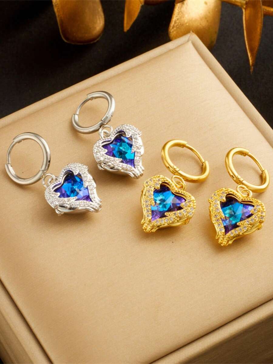 1 Pair Fashionable High-End Marine Blue Zirconia Heart Shaped Wings Pendant Earrings Ladies Niche Design Party Everyday Jewelry