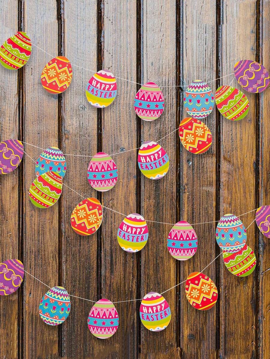 1 pieza Conjunto de corona de huevos de Pascua, Pancarta colgante de Feliz Pascua, Pancarta de huevos de Pascua recortados en papel con estilo rústico, Suministros de fiesta temática de primavera para regalo de chimenea