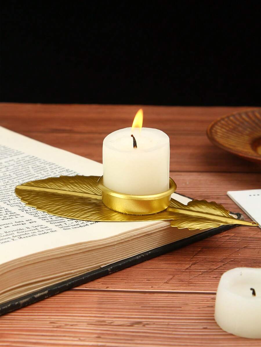 1 pieza, 2.7 "X 5.9" Soporte de vela con forma de pluma de hierro creativo, plato para velas de decoración de escritorio, decoración para el hogar adecuada para el hogar, hotel, mesa de comedor