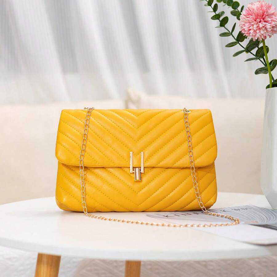 1pc Fashionable & Versatile Embroidered Lock Chain Crossbody Bag, Ideal Holiday Gift, Fashionable Butter Yellow Bag For Women