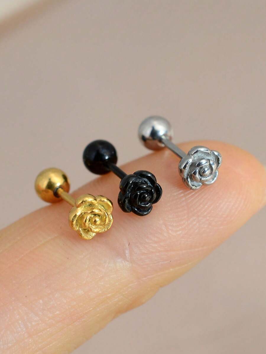 1PC Fashion Elegant Blooming Rose Flower Stud Earrings For Women Metal Screw Ball Ear Cartilage Helix Tragus Flat Conch Lobe Piercing Studs Charm Jewelry