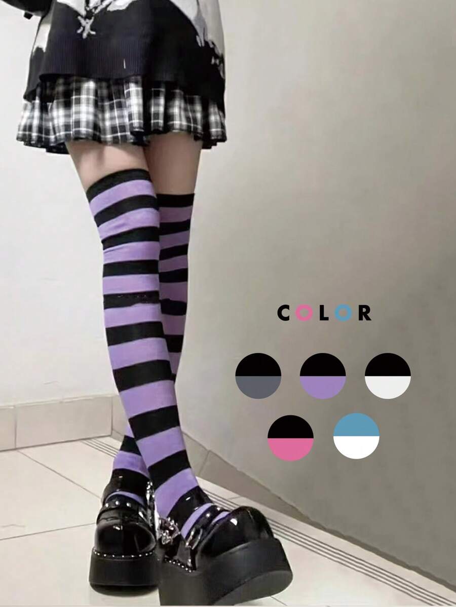 1 par de medias largas a la rodilla a rayas para mujer, con rayas de colores de moda, medias hasta los muslos, medias largas, medias para niñas, medias de fiesta, medias de baile, estilo punk, rockstar, para uso diario