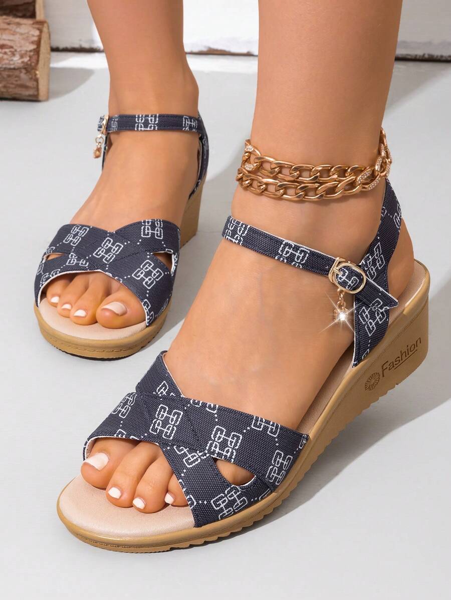 Women's Round Toe Platform Sandals, Strap Closure, Pendant Decor, Suitable For Commuting, Outdoor, Office, Campus, Elegant And Luxurious, Black And Gold Wedge Heels