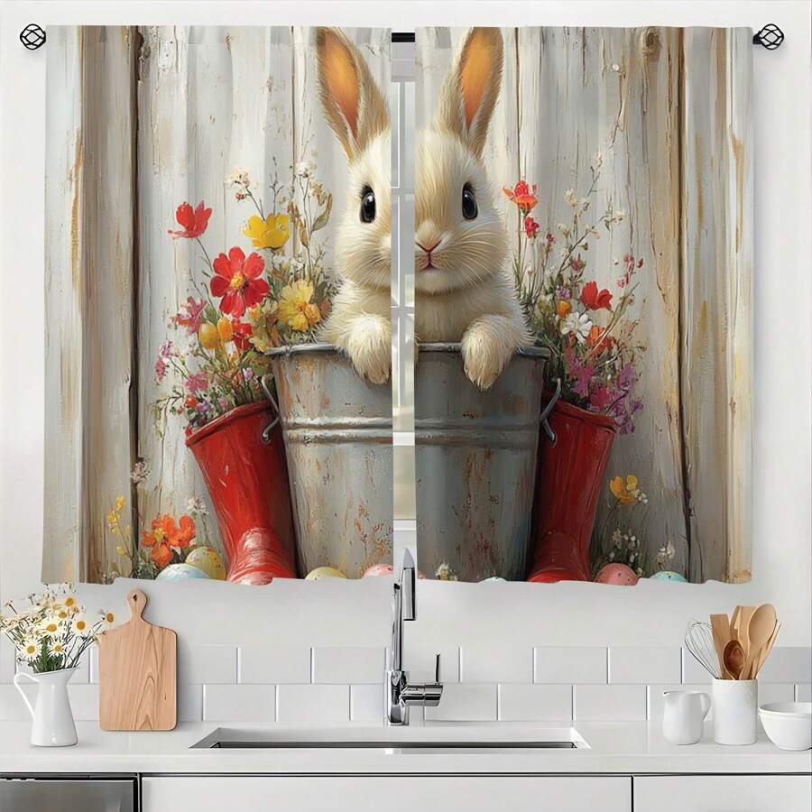 2 Panel 28"X40" Easter Bunny Semi-Sheer Curtains, Woven Polyester Valance With Tulip And Easter Egg Design, Durable Hanging Ornaments For Bedroom & Living Spaces