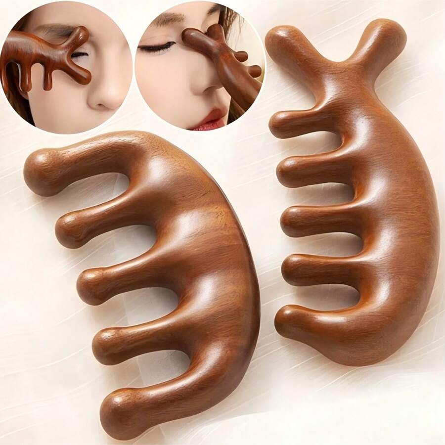 2pcs Sandalwood Massage Comb, Enhance Scalp Health Gua Sha Tool, Meridian Massage Comb With 5 Teeth, No Handle, Traditional Chinese Acupuncture Head Brush To Improve Blood Circulation
