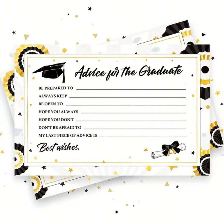 10pcs 4x6 Inch Graduation Advice Cards, Student Party Table Games, Elegant Gold & Black Design With Cap & Diploma Graphics, Inspiring Message Space, Suitable For Graduation Celebration