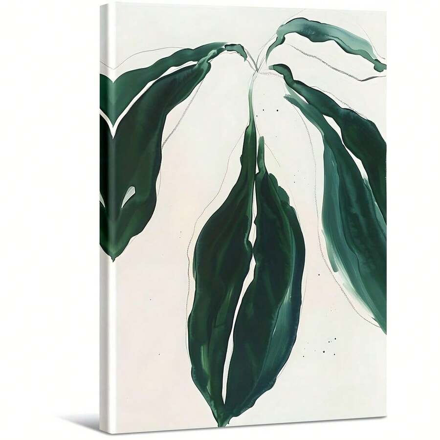 Feuilles vertes avec de fines lignes noires sur fond blanc. Grande peinture murale encadrée en bois, décoration d'intérieur, peinture à l'huile - Chambre, salle de bain, salon, bureau, cuisine, cadeaux de Noël - 1 pièce