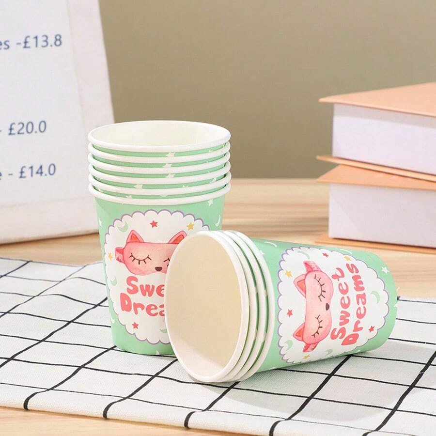 10pcs/9oz Sweet Dreams Theme Cute Cartoon Design Disposable Paper Cups, Birthday Party Table Items
