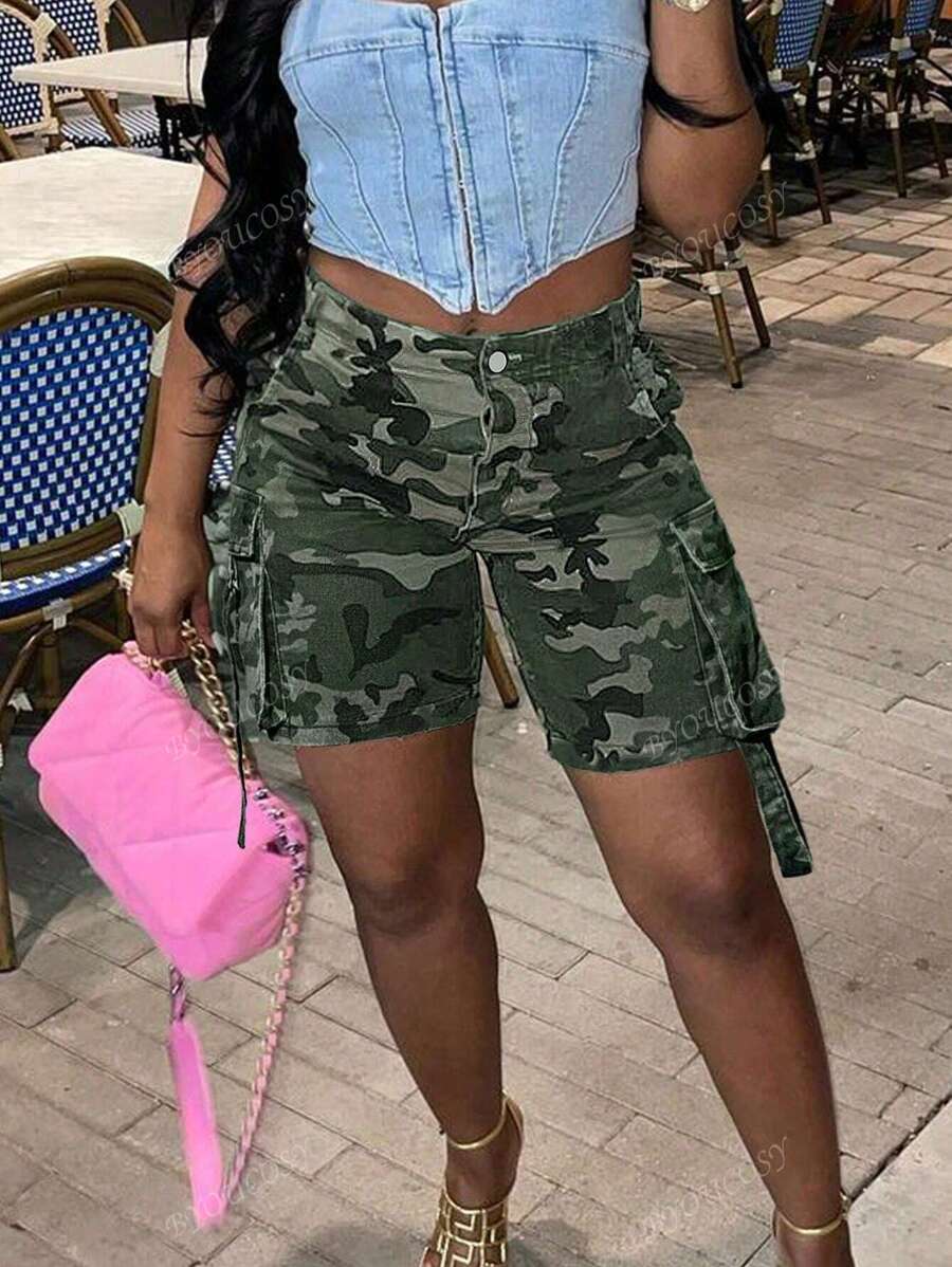 Women's Camo Y2K Multi-Pocket Loose Straight Leg Denim Cargo Shorts
