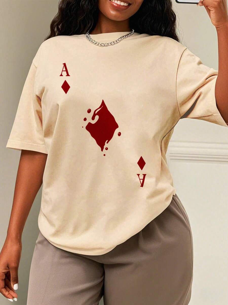 Oversized Style For Women, Men's Ace Of Diamonds Geometric Print T-Shirt For Summer Outdoor Activities, Casual Street Style Crew Neck Tee, Oversize Type Shirt For Women, Perfect For Holiday Parties Or Gift Giving, Soft And Comfortable