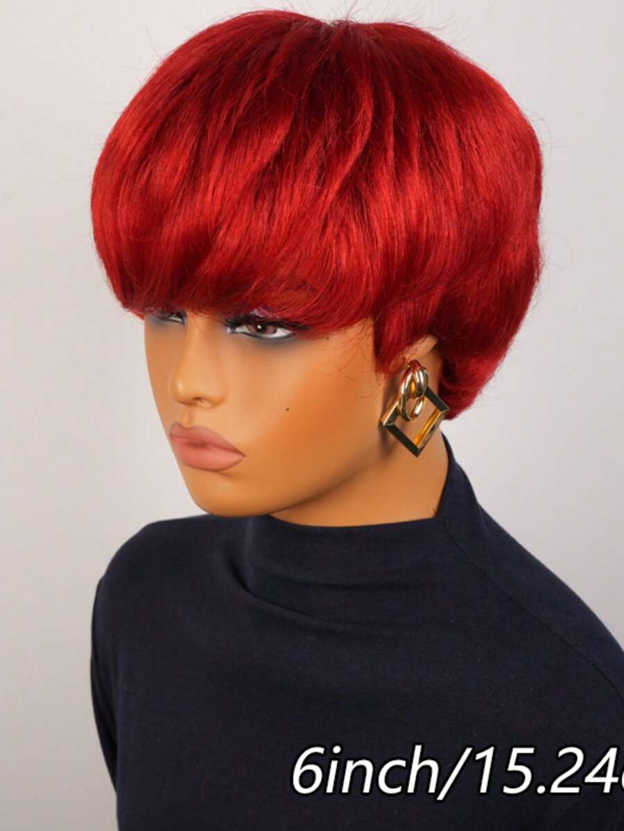 Red Hair Pixie Cut Wigs Human Hair Straight Wig Glueless Red Colored Wigs Short Layered Pixie Human Hair Wigs With Bangs Straight Hair, Perfect For Party, Cosplay, Daily Use Glueless Full Machine Made Wigs