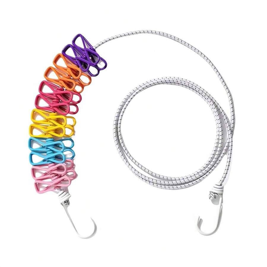 Portable Clothesline, Retractable Clothes Drying Line For Travel, Windproof Laundry Rope With 12pcs Clips, Indoor Washing Line For Camping, Outdoor Travel & Camping (Clips Color Random)
