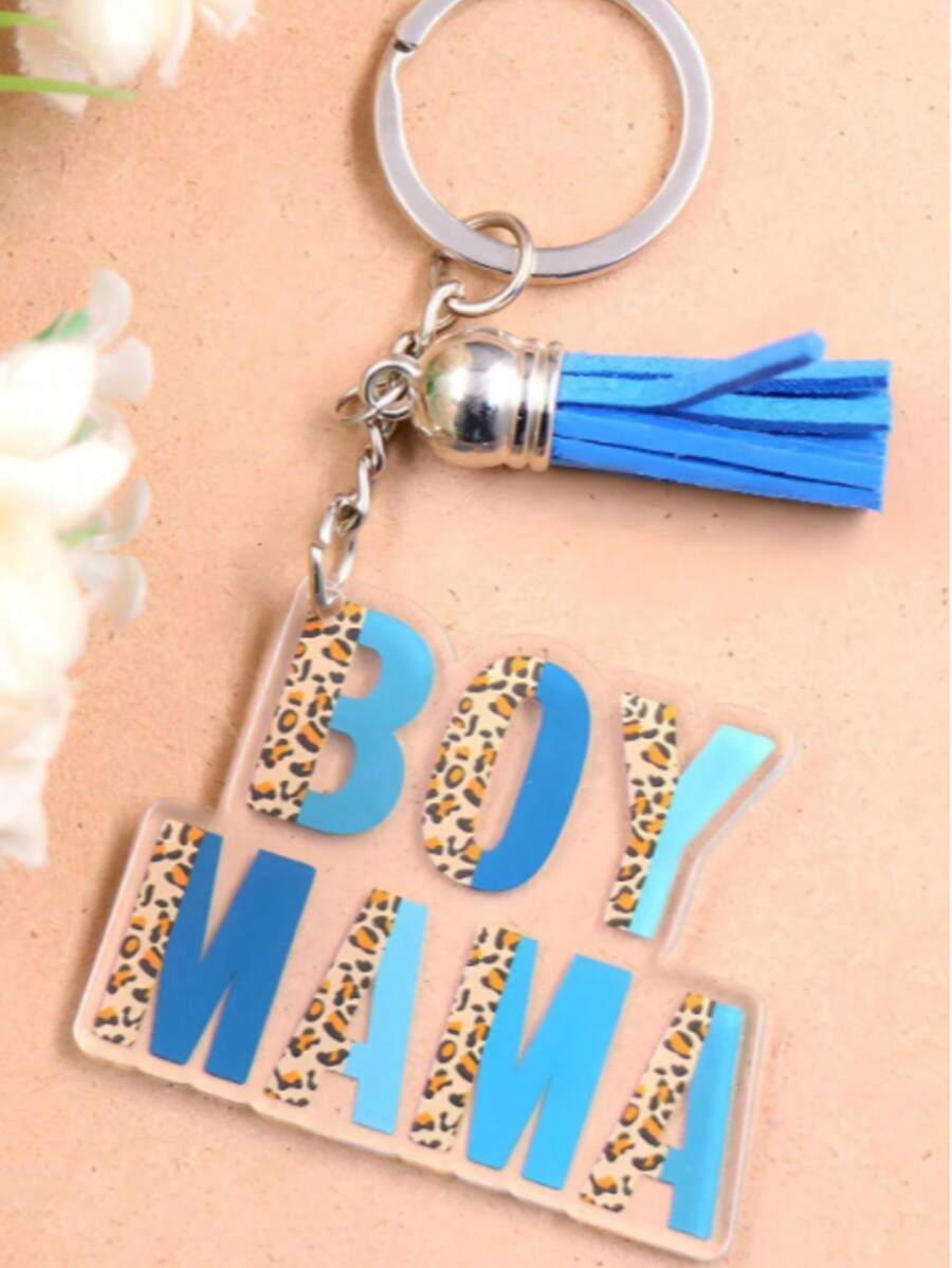 1pc Acrylic Key Chain, Mother's Day Gift "BOY MAMA" Leopard Print Blue Key Chain Tassel Car Accessories Bag Charm School Letter