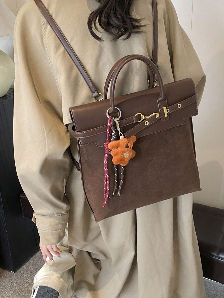 1pc PU + Suede Fabric Tote Bag For Women, Vintage Fashion Large Capacity Top-Handle Handbag With Belt Decor, Multifunctional Shoulder Bag Suitable For Daily Use And Outings (Comes With Pendant)