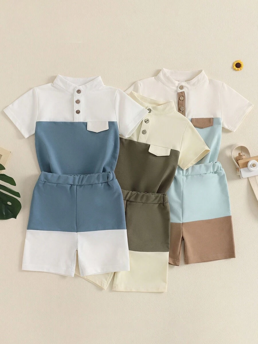 Little Boy Summer Clothes Contrast Color Henley Short Sleeve Pocket T-Shirt With Elastic Waist Shorts Outfit