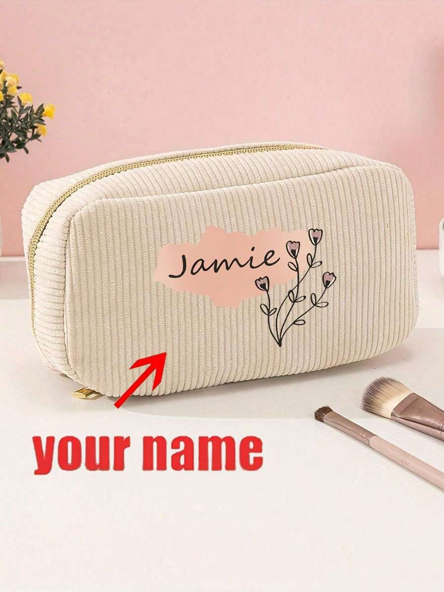 1 pieza Bolsa de Cosméticos Personalizable - Nombre y diseño personalizados, Bolsa de Maquillaje de Pana con Cierre de Cremallera Seguro, Accesorio de Viaje Ideal, Organizador de Artículos de Tocador Unisex
