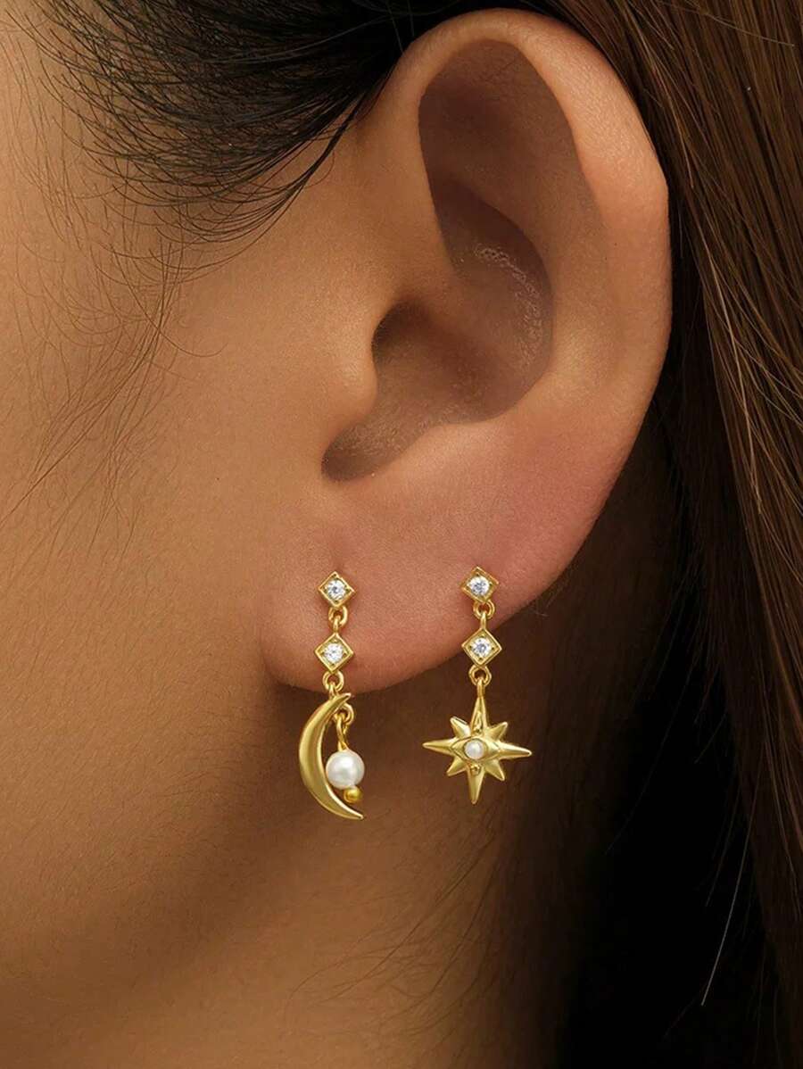 1 pieza de pendientes de tuerca con cadena de perlas, luna, estrella y borla de plata esterlina 925 de lujo, elegante y bonita para uso diario de mujeres como regalo de joyería para Ramadán