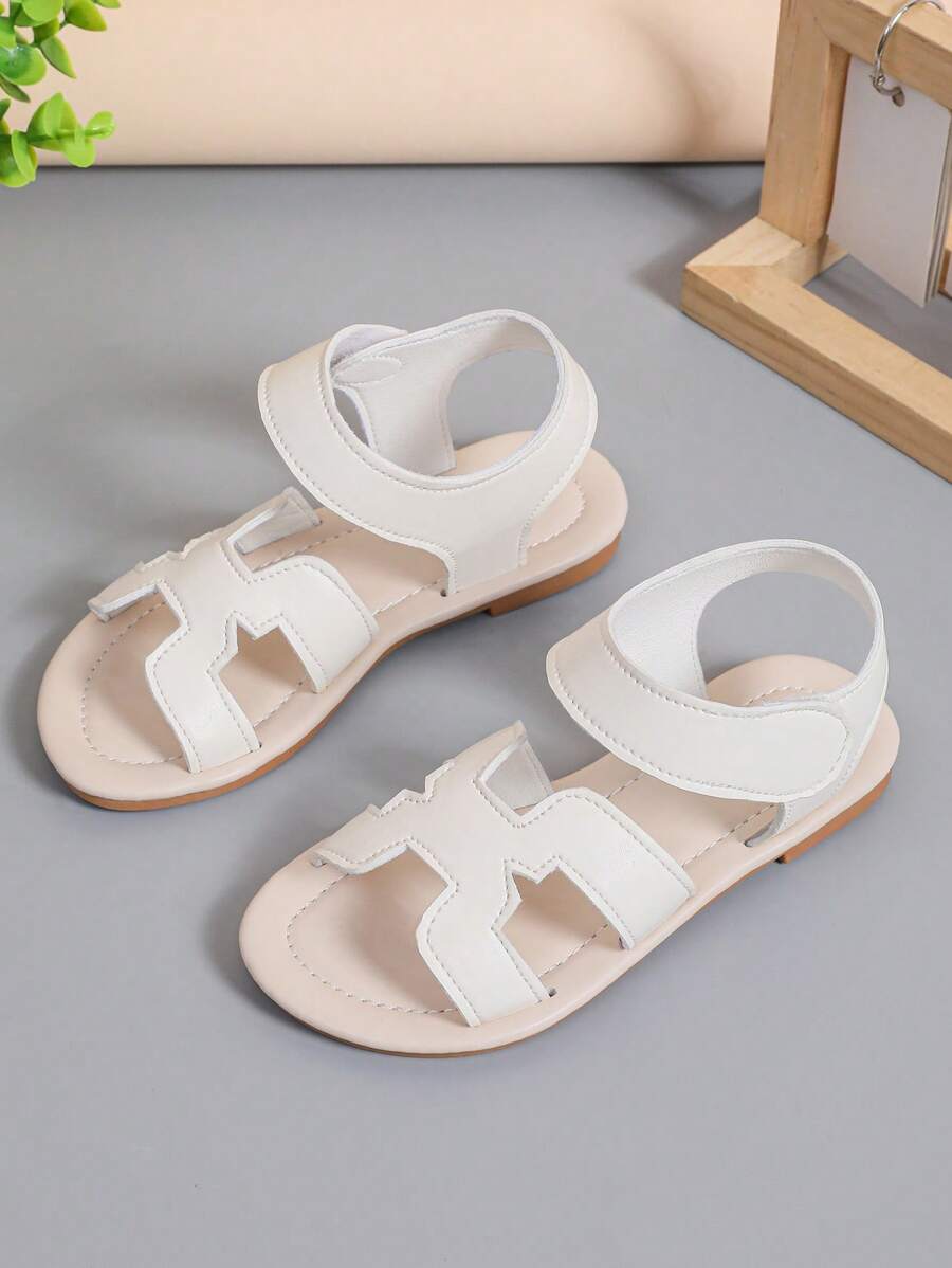 1 Pair Infant/Toddler Girls Plain Color PU Strap Strap Hook And Loop Design Round Toe Open Toe Comfort Fashion Roman Sandals, Suitable For 3-12 Years Old Girl Students Daily Casual/Holiday Outdoor Wear, Spring/Summer New 2025